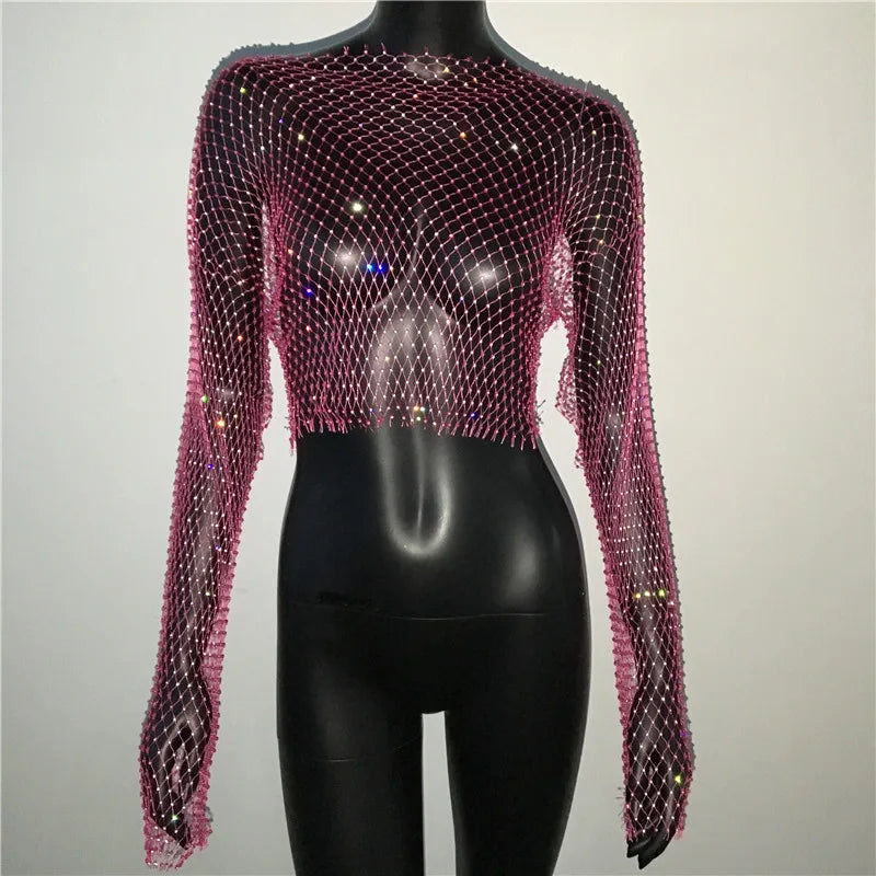 qgtao Women Sexy Mesh See Through T Shirt Shiny Rhinestone Fishnet Hollow Out Crop Top Long Sleeve Beach Cover Up Party Club Tank Tops