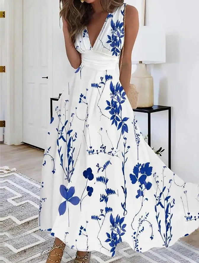 Summer Women Dress 2024 Elegant Party Sleeveless Long Dress Robe Sexy Bohemian Print Dresses Vestidos Casual Swing Sundress