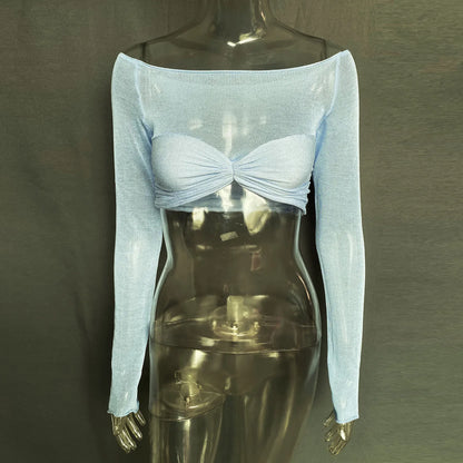 Mozision See Through Mesh Crop Top Women Pullovers Strapless Short Knit Cropped Tops Ladies Tee Shirt Sexy Off-shoulder T-shirt