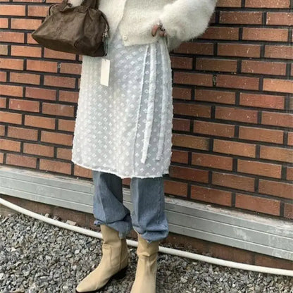 Tonngirls Korean Style See Through Skirt Women Lace Up Thin Lace Collocation Vintage Floral Ladies Skirts Y2k Streetwear 2000s