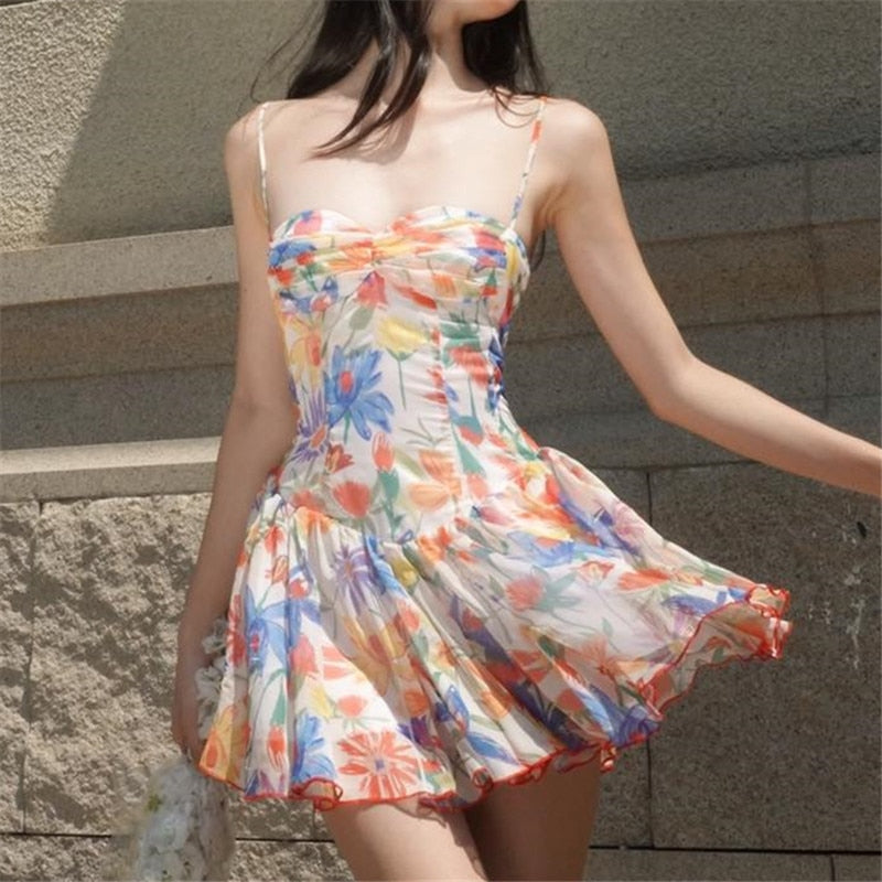 2022 Summer French Vintage Floral Dress One-shoulder Puff Sleeve Sexy Backless Slip Dresses Elegant Temperament Female Dress