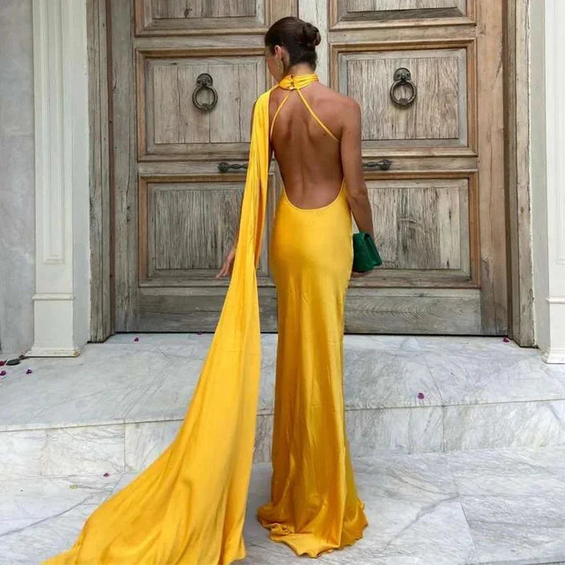 qgtao  -  Lady Sexy Backless Solid Long Dress Elegant Halter Sleeveless Slim Evening Dress Fashion Hight Waist Patchwork Satin Party Dress