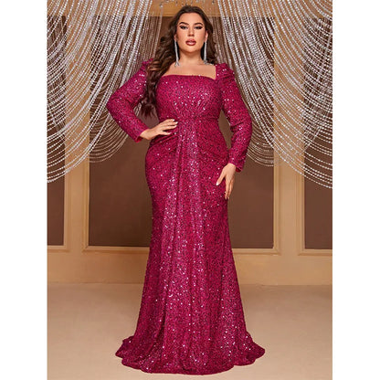 qgtao Plus Size Square Neck Sequin Luxury Extra Long Glitter Evening Gown Big Size Women Wedding Banquet White Sequin Evening Dress