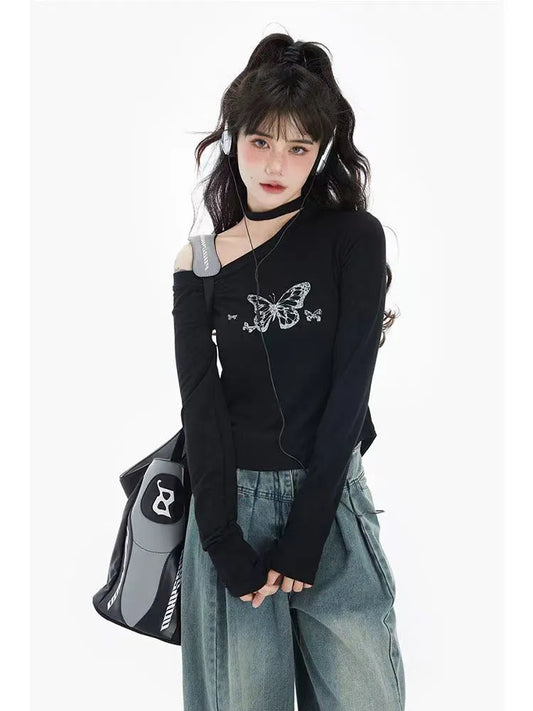 Butterfly T-shirt Women Graphic Top Girl Sexy Off Shoulder Long Sleeve Top Female Harajuku Slim Fashion Slim Gothic Tees Summer