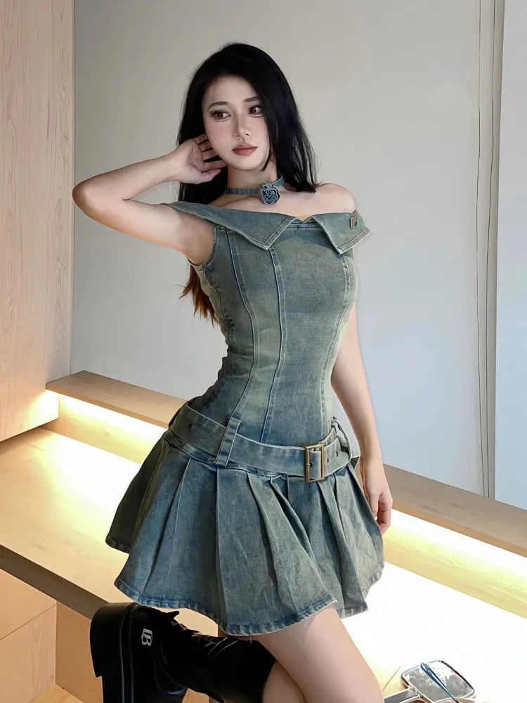 qgtao Streetwear Denim Mini Dress Women Sexy Slim Korean Fashion Vintage Off The Shoulder Pleated Dresses Summer Slash Neck