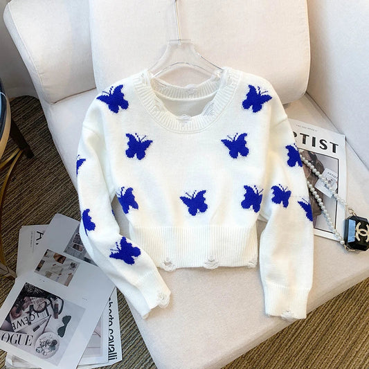 qgtao 2024 Fall fashion new Korean version design sense holes chic butterfly short crew-neck sweater long sleeve sweater women