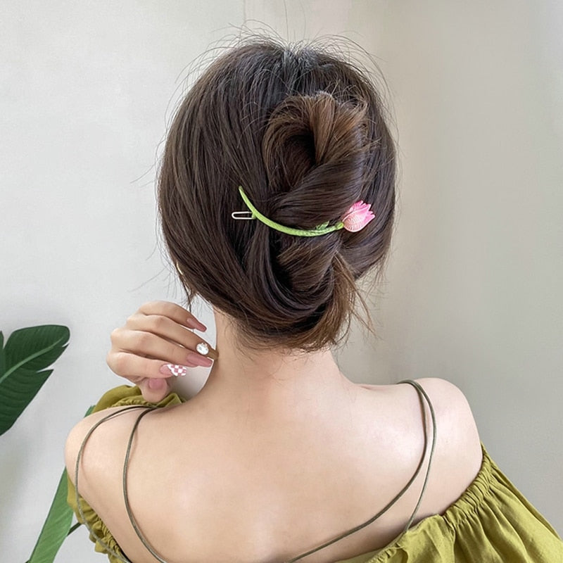 2022 Korean Fashion Pink 3D Tulip Hair Claws Women Girls Summer Shark Clip Hair Accessories Leaves Flowers Ponytail Gradient