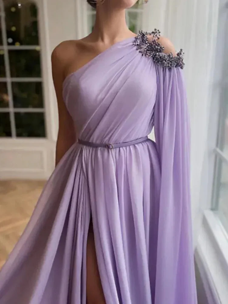 qgtao Purple Chiffon One Shoulder Sleeve Evening Dress Luxury Lilac Floor-Length  A-Line Elegant Formal Party Dress Women Prom Gown