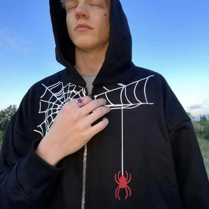 qgtao Y2K Spiders Printed Zip Up Oversized Sweatshirt Autumn Goth Hoodie Men And Women Grunge Hoodies Jacket Zipper Streetwear Clothes