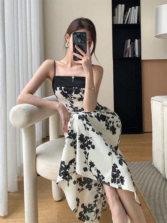 qgtao-New Summer 2023 Long Print Dress for Women Korean Elegant Fashion Sexy Sleeveless Spaghetti Strap Evening Female Clothes