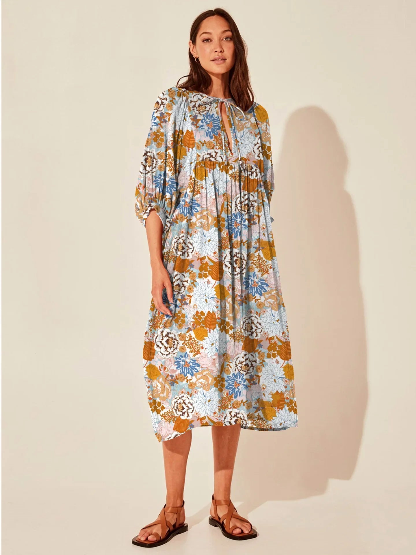 qgtao New Floral Print Long Dress Fashion Women's Lantern Sleeves V-neck Tie Up Floral Dress High-end Feeling Vintage Mini Dress Boho