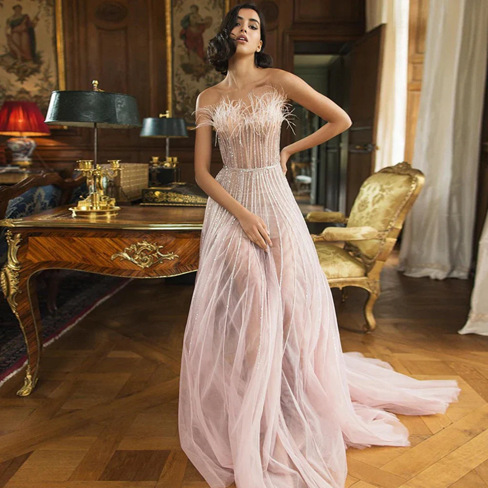 Luxury Blush Pink Feathers Dubai Evening Dress for Women Wedding Party Arabic Long Elegant Formal Prom Dresses