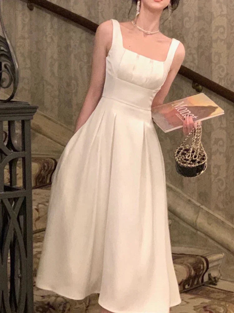 qgtao-Vintage Elegant Dress for Women Sleeveless Square Collar Spaghetti Strap Fashion Party Evening French Dress 2024 New Summer