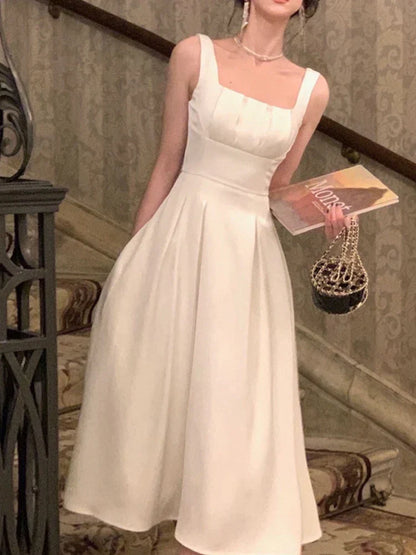qgtao-Vintage Elegant Dress for Women Sleeveless Square Collar Spaghetti Strap Fashion Party Evening French Dress 2024 New Summer