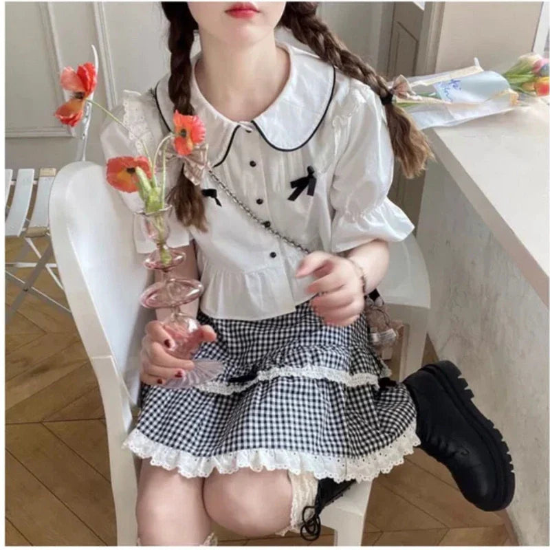 qgtao Kawaii Plaid Women Short Skirt Lolita Ruffle Japanese Style Lace Bow Mini Skirts Cutecore Sweet Pleated Preppy Skirt