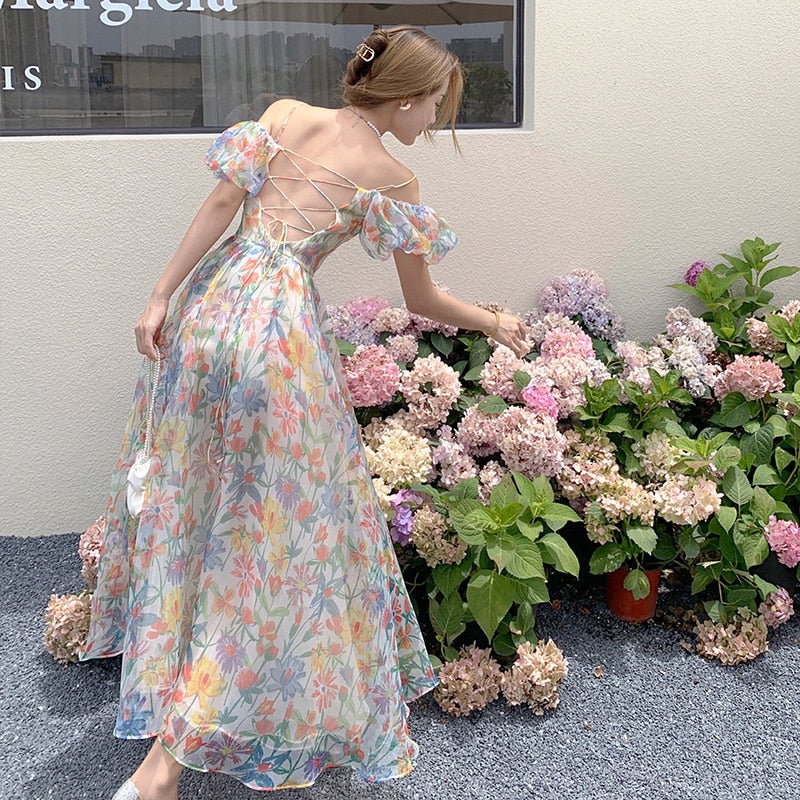 2022 Summer French Vintage Floral Dress One-shoulder Puff Sleeve Sexy Backless Slip Dresses Elegant Temperament Female Dress