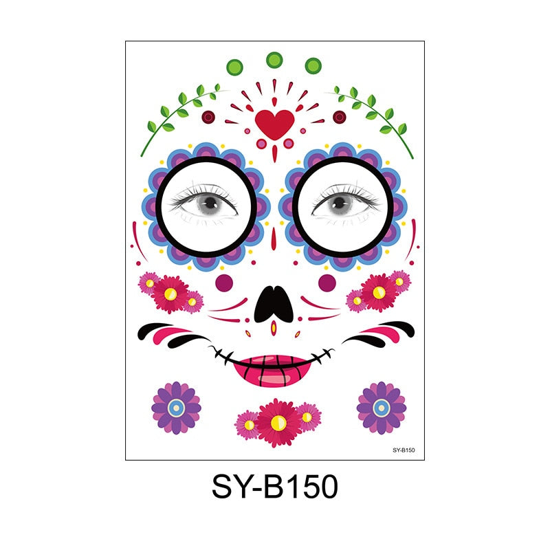 waterproof temporary tattoo sticker halloween face eye mouth fake tattoo water transfer Day of The Dead Skull Makeup Beauty