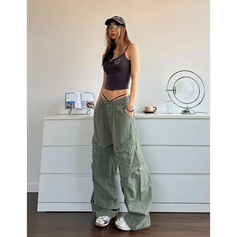 qgtao  -  2024 NEW Green Jeans for Women High Quality High Waist American Wide Leg Pants Solid Y2K Vintage Straight Summer Trousers