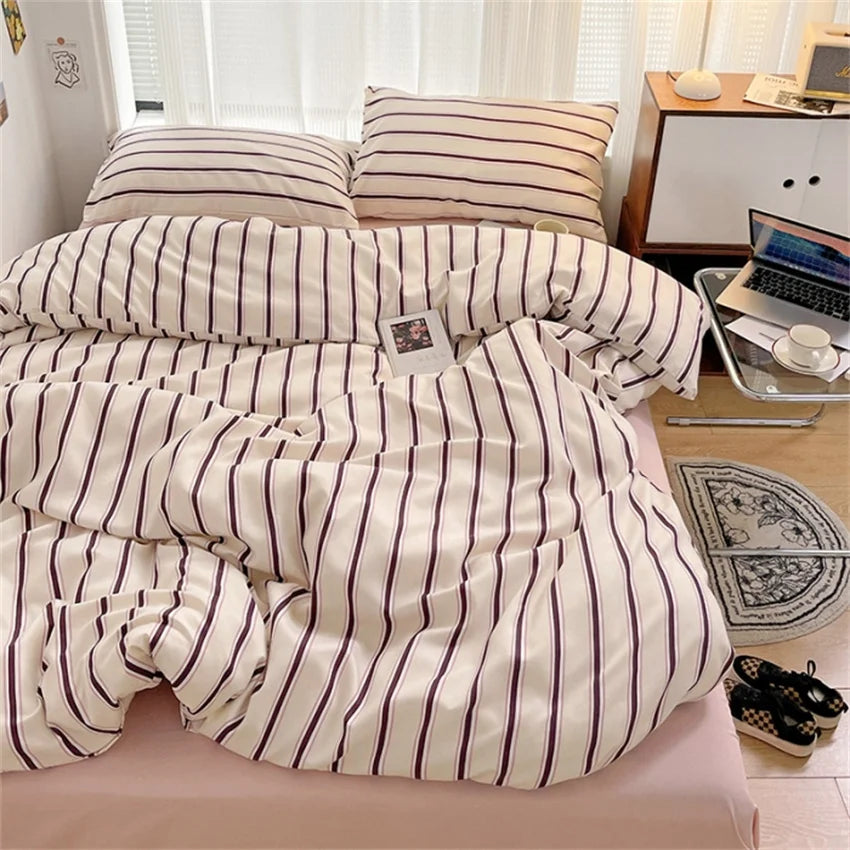 Yeknu Pure Cotton Home Textile Blue Striped Bedding Set Simple Soft Duvet Cover Sheet Pillowcase Ins Style Bed Linens Queen King Size