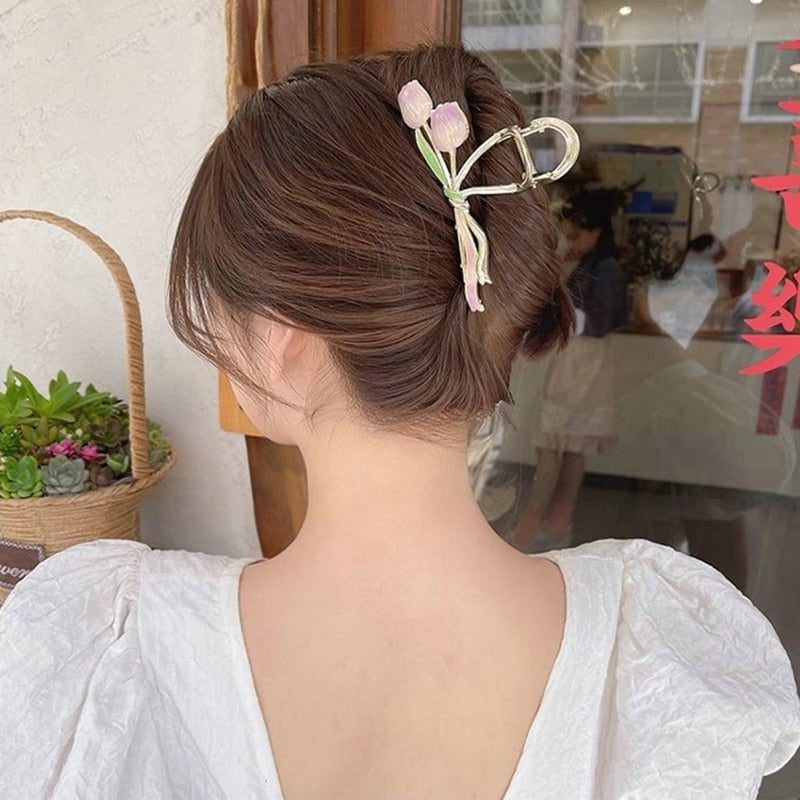 2022 Korean Fashion Pink 3D Tulip Hair Claws Women Girls Summer Shark Clip Hair Accessories Leaves Flowers Ponytail Gradient