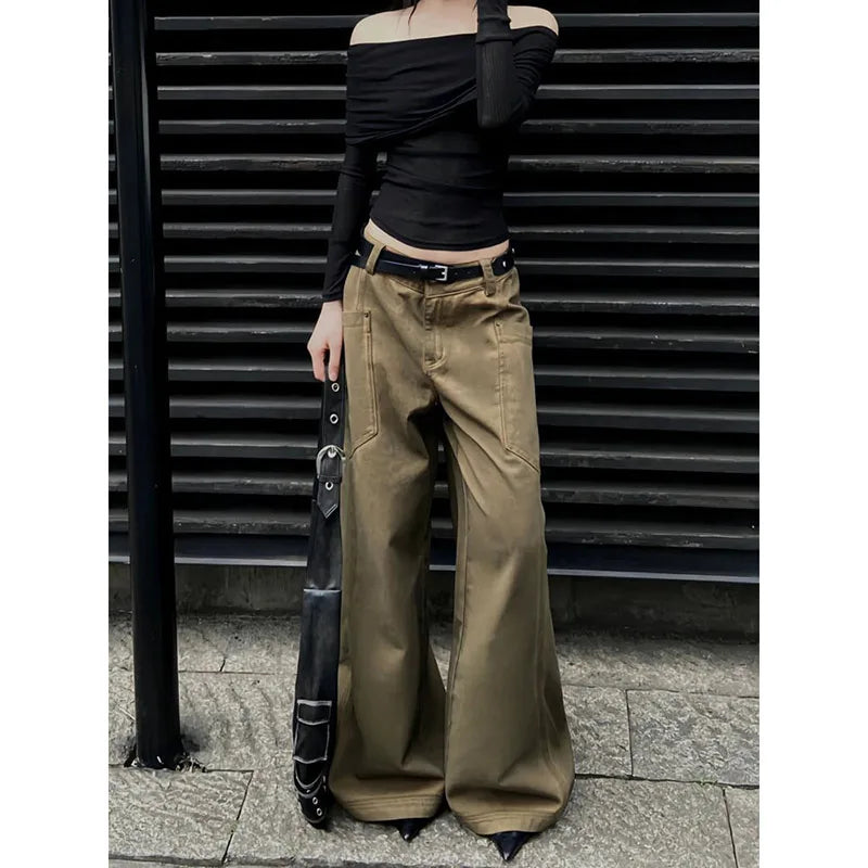 qgtao  -  Women's Brown Y2k Low Rise Jeans Harajuku Denim Trousers Streetwear Y2k Baggy Jean Pants Vintage 90s Aesthetic 2000s Clothes