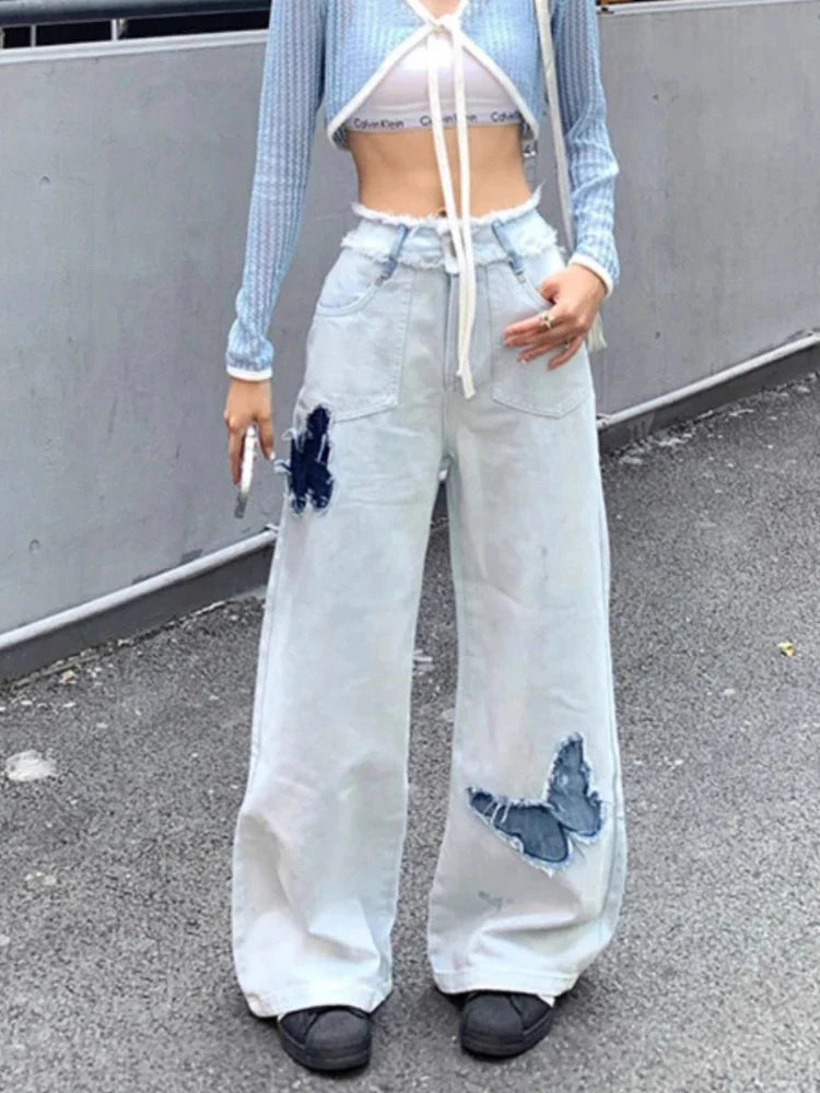 qgtao  -  Blue Jeans Plus Size Women Y2k Fashion Loose Butterfly Patchwork Causal High Waist Denim Pants Streetwear Retro Bottoms