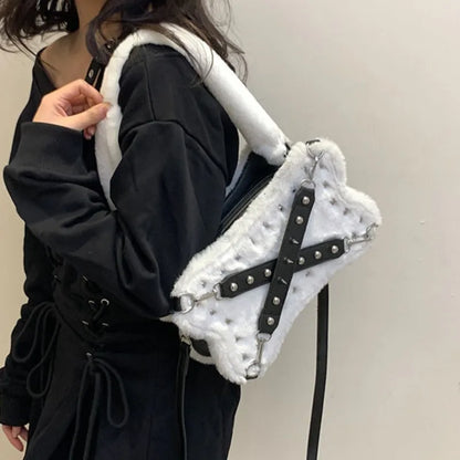 qgtao Gothic Rivet Plush Shoulder Bag Women Y2k Grunge Winter Subculture Messenger Bag Purse Ladies Harajuku Aesthetic Handbag