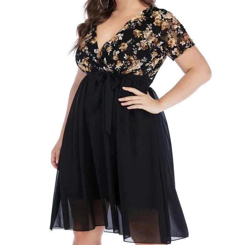 qgtao Plus Size Loose Floral Print Dress V Neck Short Sleeve High Waist Lace Up Perspective Mesh Splicing Elegant Vestido Feminino