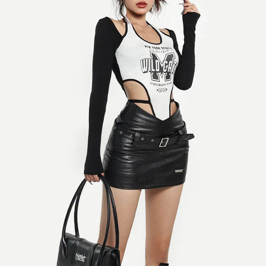 qgtao Sexy Tight High Waist A-line Mini Skirt with Belt Gothic Fashion Black PU Leather Skirt Women Autumn