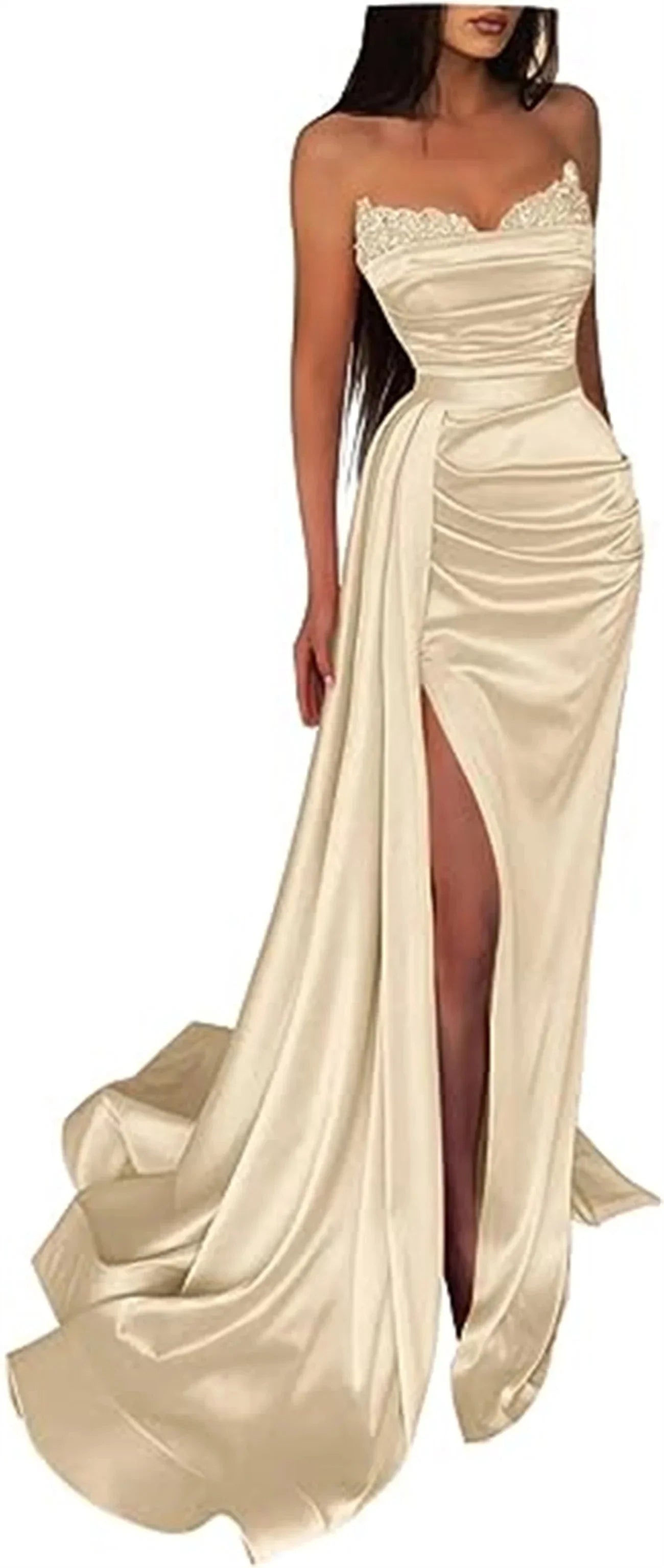 qgtao Line Sexy High Split Prom Formal Evening Dress Strapless Sleeveless Court Train Satin with Slit Pure Color robes de soirée