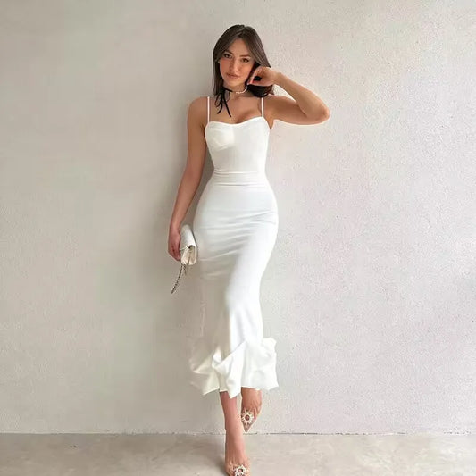 qgtao Sexy Sleeveless Backless Midi Dress Women 2024 Summer Fashion Bodycon Elegant Ruffles Eged Birthday Party Club Pencil Dess