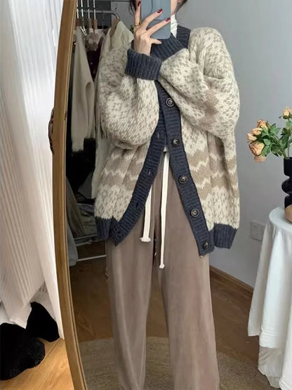 Vintage Jacquard Button Knitted Women Sweater Fashion Office Lady Style Warm Sweater Cardigan Sweet Girls Retro Knitwear