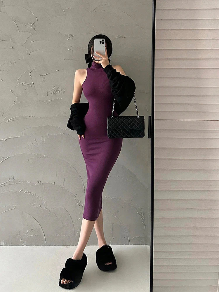 qgtao Summer Black Skinny Dress Women 2023 Sexy Party Bodycon Long Dress Turtleneck Tight Midi Dresses Sleeveless