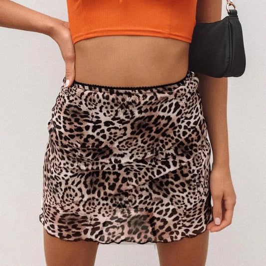 qgtao Leopard Printed Casual Short Skirts for Women 2024 Summer Vintage Women's High Waist Mesh Mini Skirt Fashion Female Wrap Hip Ski