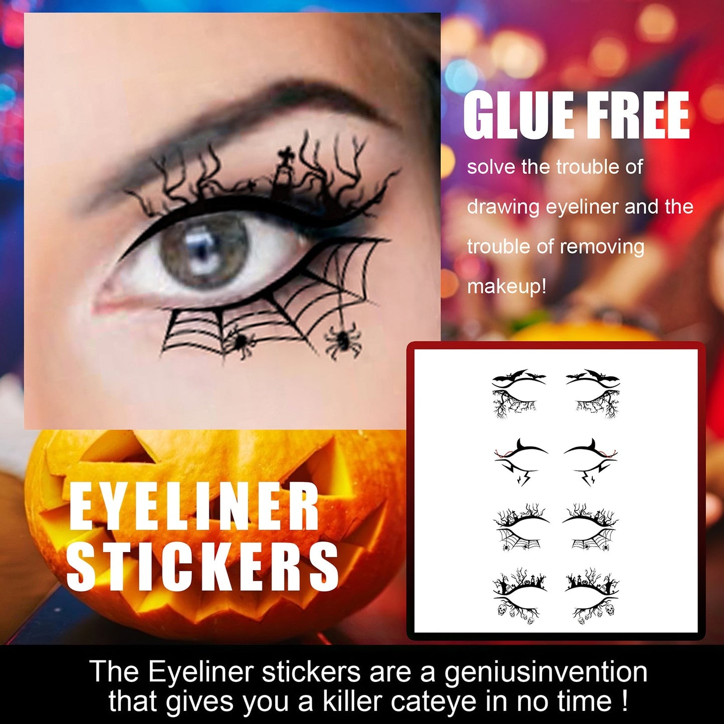 4 Pairs Halloween Eyeliner Stickers Horror Fashion Party Makeup Tools Spider Bat Decorative Eyeliner Eyeshadow Stickers for Wome