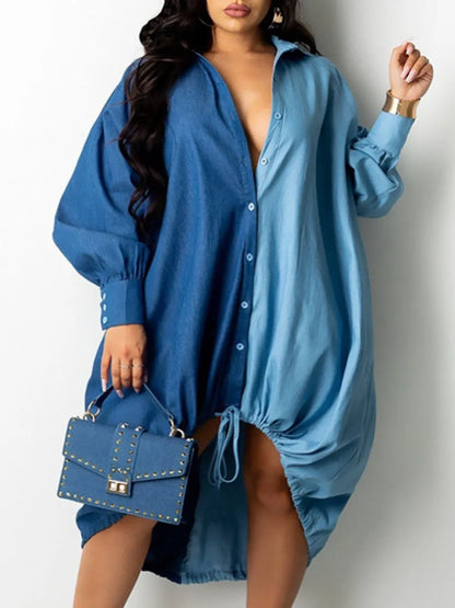 qgtao  Plus Size dresses Drawstring Patchwork Shirt Dress Fashion Drop Shoulder Long Sleeve Shirt Collar Women Streetwears vestido