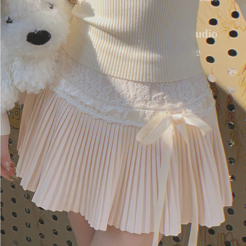 qgtao Pink Pleated Skirt Women Kawaii High Waist A-line Lace Patchwork Bow Lace Up Cute Fairycore Mini Skirt Spring Summer