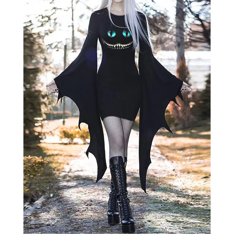 New Retro Gothic High Waist Black Dress Vintage Bat Sleeve Mini Dresses Goth Elegant Bandage Party Dress Halloween Costume