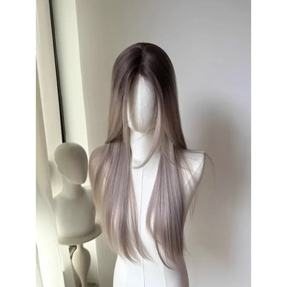 qgtao  -  Wig Long Straight Mixed Color Chocolate Gray 24 Inch Women's Lace Wig Natural Color Synthetic Wig for Cosplay