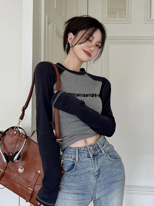 qgtao Y2k Slim T-shirts Women Patchwork Long Sleeve Top Female Fashion Letter T Shirt Ladies American Retro Casual Top Streetwear