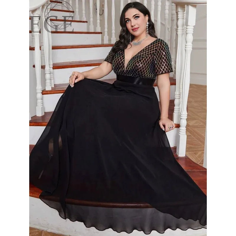 qgtao Plus Size V Neck Rhombus Sequin Luxury 4XL5XL Chiffon Dress Party Prom Black 3/4 Sleeve Over Maxi Dress for Party Wedding