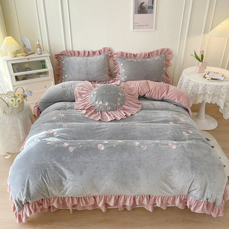 Flowers Embroidery Princess Bedding Set Shaggy Velvet Fleece Ruffles Duvet Cover Quilt Cover Set Bed Skirt Bedspread Pillowcases