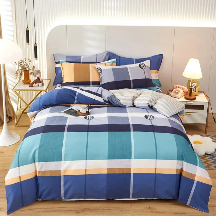 Yeknu 3PC 100% Cotton Duvet Cover Set Striped Printing 1PC Duvet Cover 2PC Pillowcase Cotton Soft Skin Friendly Bedding