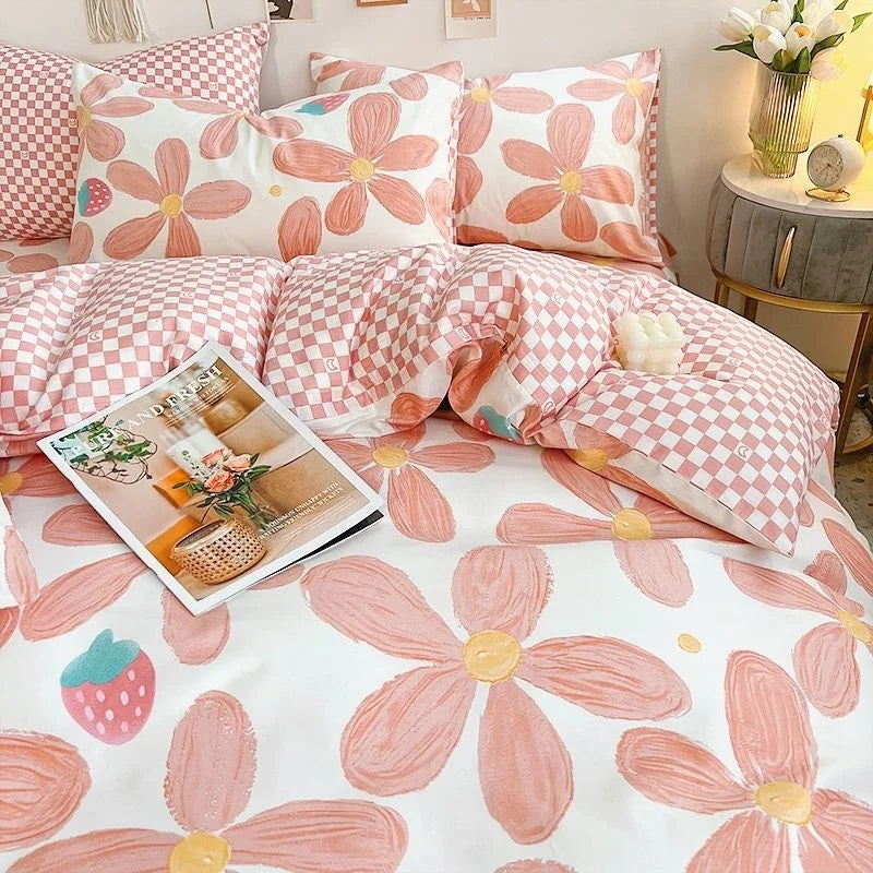 Yeknu Ins Pink Flowers Bedding Set Flat Bed Sheet Duvet Cover Twin Full Queen Nordic Bed Linen Boy Girl Bedding Sets Flower Cherry