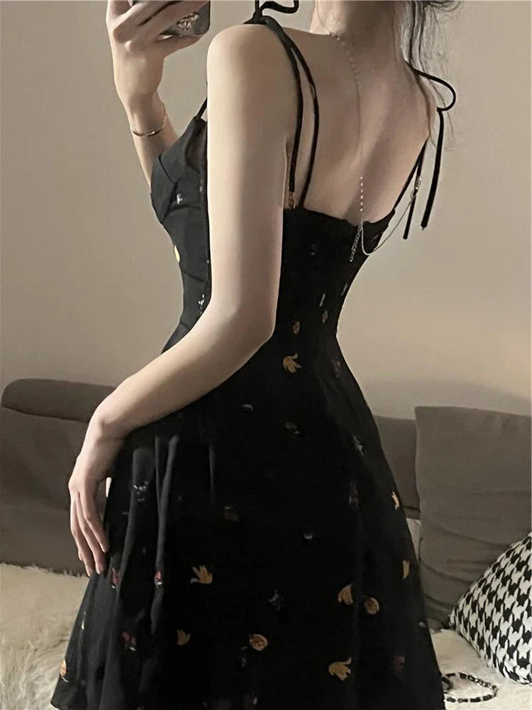 qgtao Summer Y2K Retro Floral Strap Bow Black Dress Mini Fashion Aesthetic Club Party Sexy Dresses for Women A-line Outfits