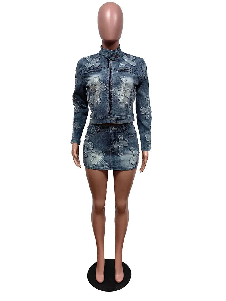 qgtao 2 Piece Denim Sets Womens Outfits Spring Long Sleeve Zipper Jacket and Mini Skirt Set Sweet Sexy Outfits