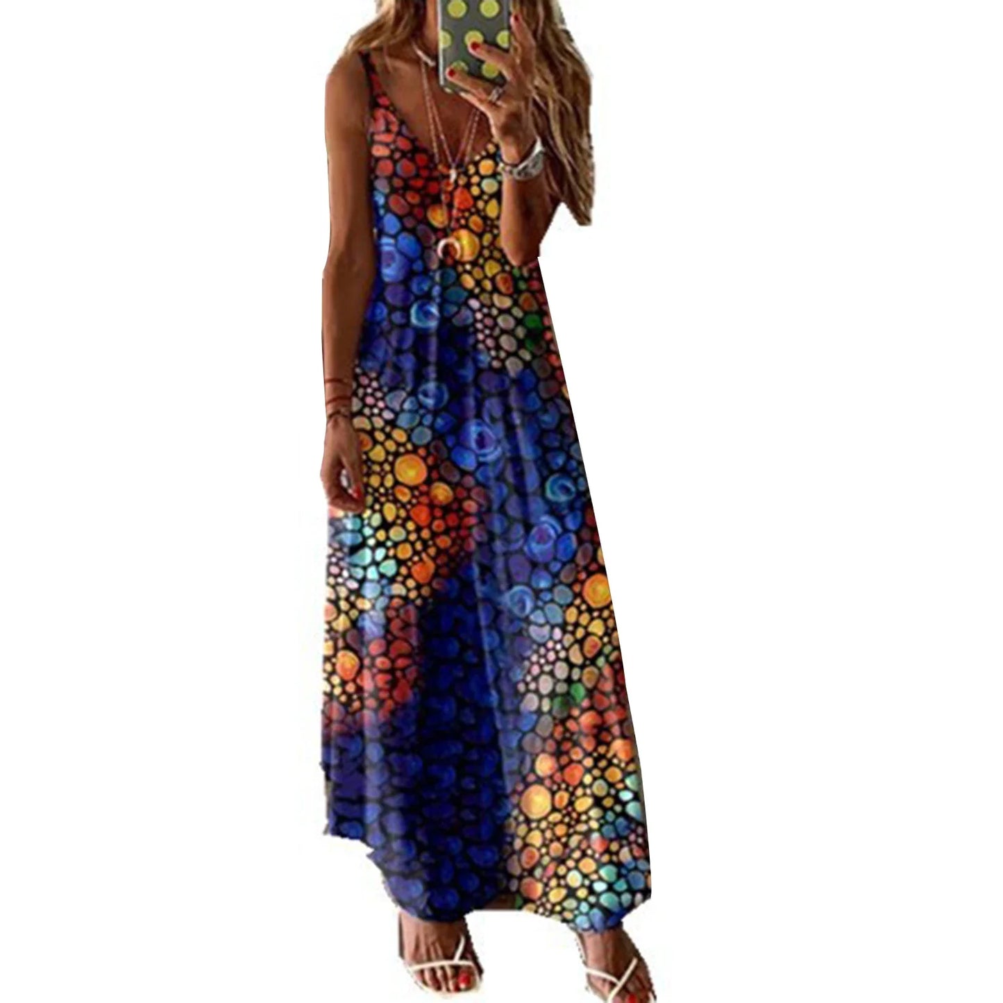 qgtao Women Boho Vintage Maxi Dress Loose Flora Print Deep V Neck High Waist Dresses Spaghetti Strap Summer Retro Vestidos Clothes