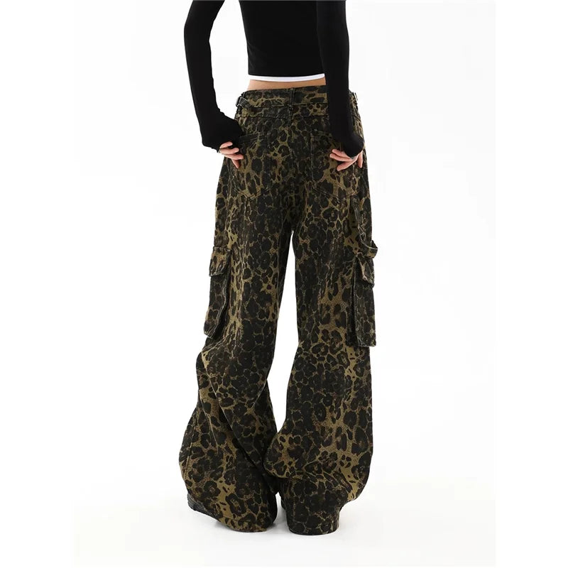 qgtao  -  American Vintage High Waist Trashy Jeans 2024 Autumn Women Casual Baggy Leopard Print Pants Wide Leg Grunge Street Denim Trouser