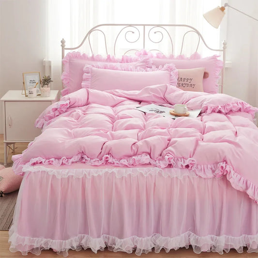 Yeknu Princess Girl Pink Bedding Skirt Sheet With Lace Korean Solid Color Bed Cover Pillowcase Decor Bedroom Wedding Couple Bedclothes