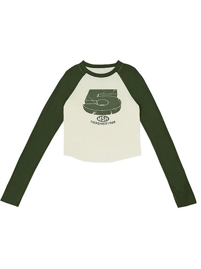 qgtao Y2K Patchwork Tshirts Women Vintage Letter Crop Tops Female O Neck Long Sleeve Top Ladies Fashion Casual Slim Tees Spring Autumn